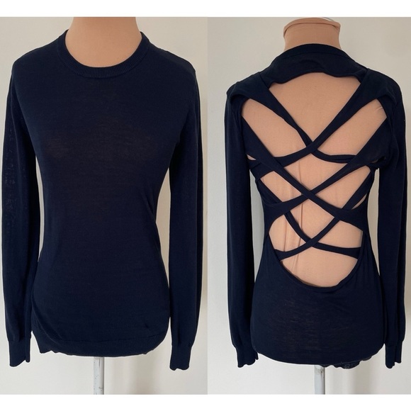 A.L.C. Criss Cross Open Back Navy Blue 100% Cotton Knit Long Sleeve Sweater XS - Picture 1 of 9
